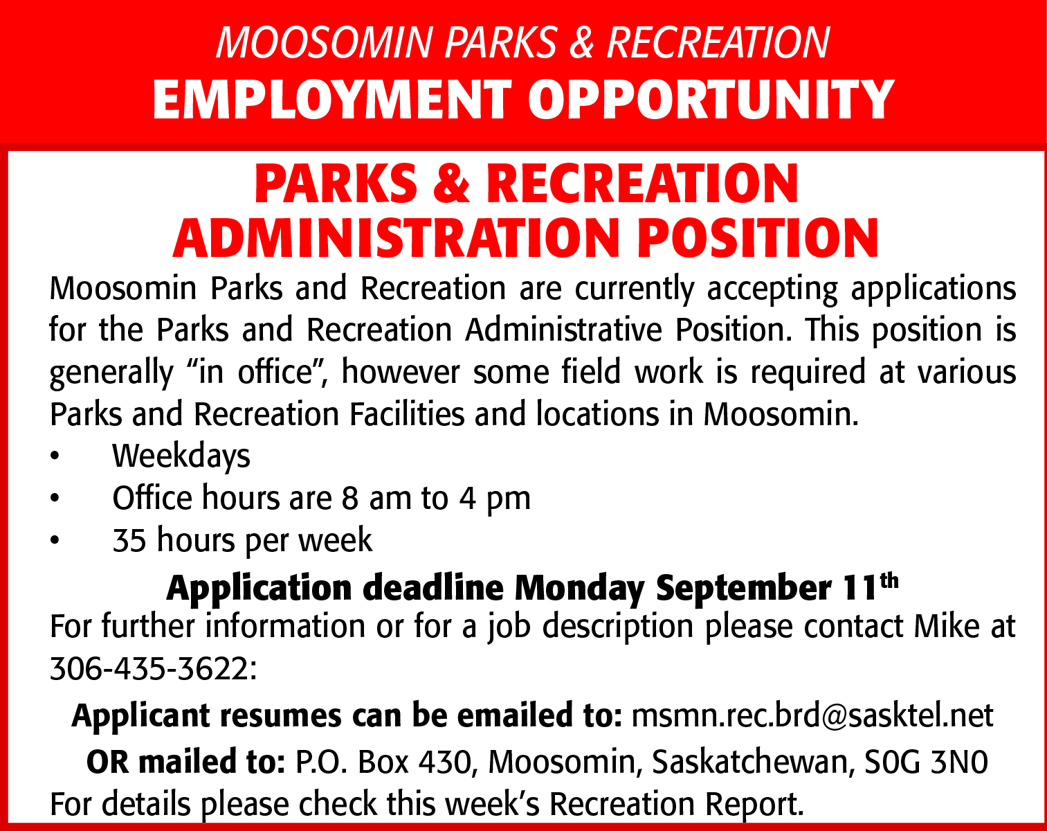 MOOSOMIN PARKS & RECREATION - Administration 